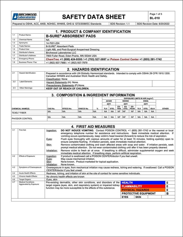 SDS Sheets Birchwood Laboratories Medical Division